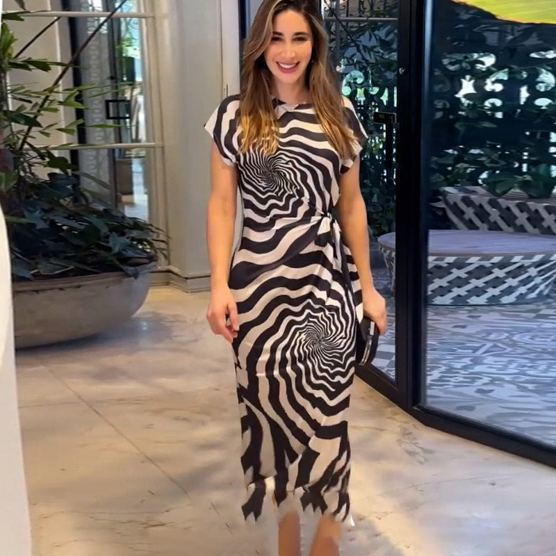 Short Sleeve Lace-Up Side Slit Zebra Pattern Slim Maxi Dress