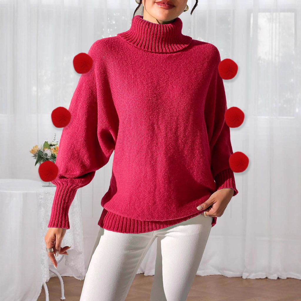 Women Base Autumn Winter Women Batwing Sleeve Red Shirt Fur Ball Stitching Turtleneck Pullover