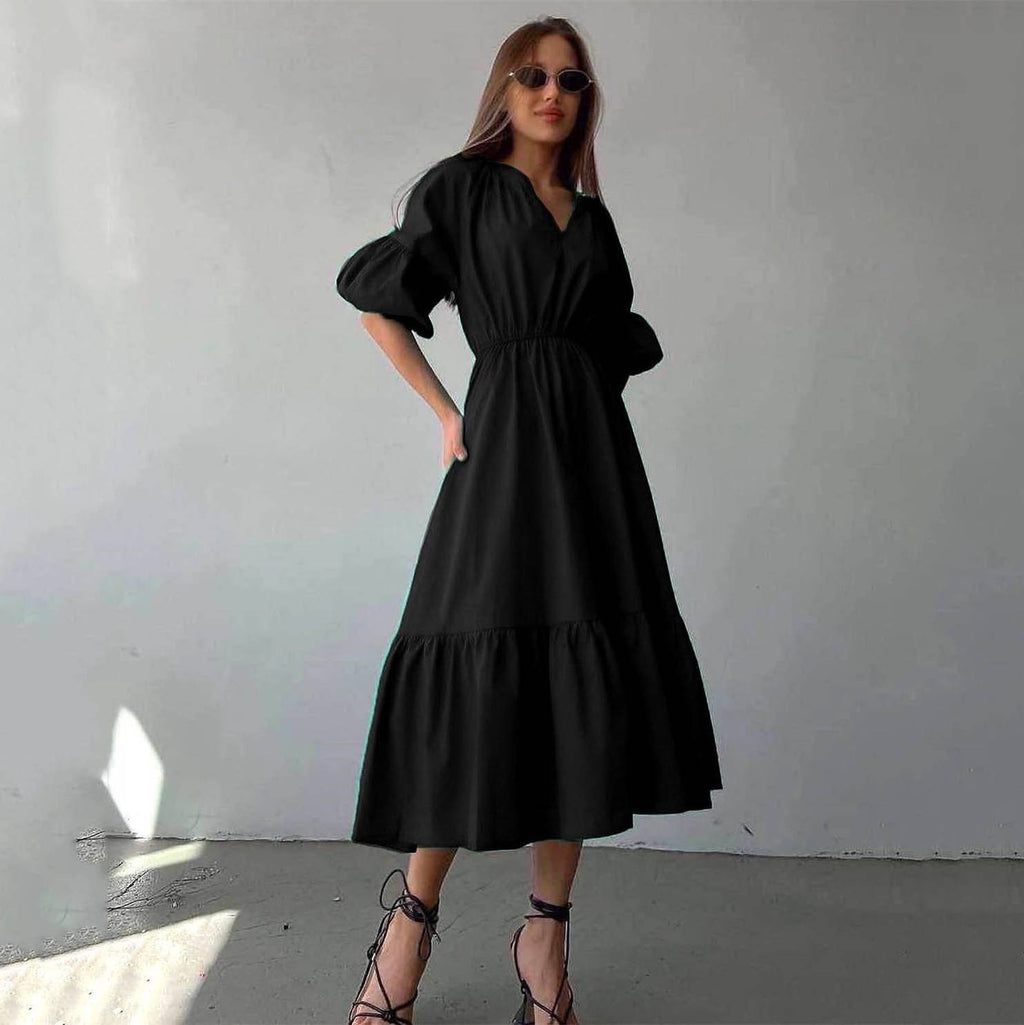 V-Neck Dress Office High-Waist French Half Sleeve A-Line Casual