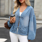 Women's Lace-Up Distressed Denim Jacket