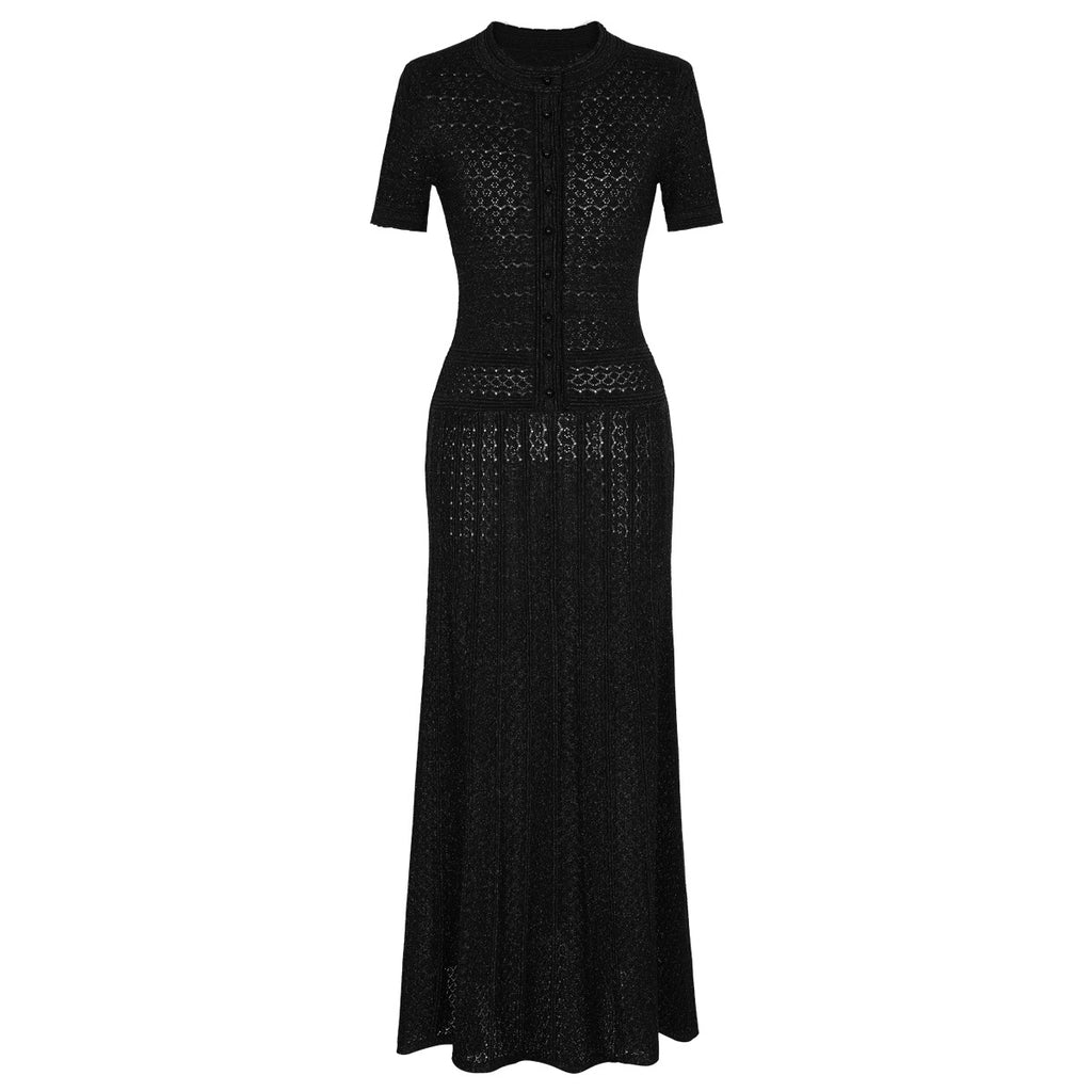 Black maxi silk dress, short-sleeve button-front with textured lace-like pattern