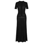 Black maxi silk dress, short-sleeve button-front with textured lace-like pattern