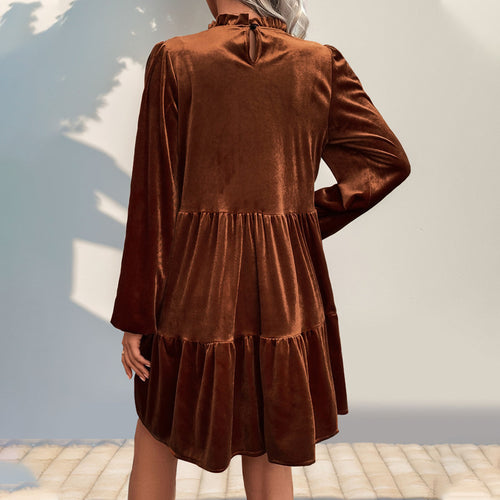 Women's Solid-Color Velvet Long-Sleeve Dress