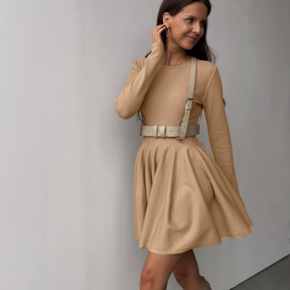 Crew-Neck Long-Sleeve Knit A-Line Mini Dress