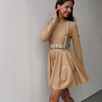Crew-Neck Long-Sleeve Knit A-Line Mini Dress