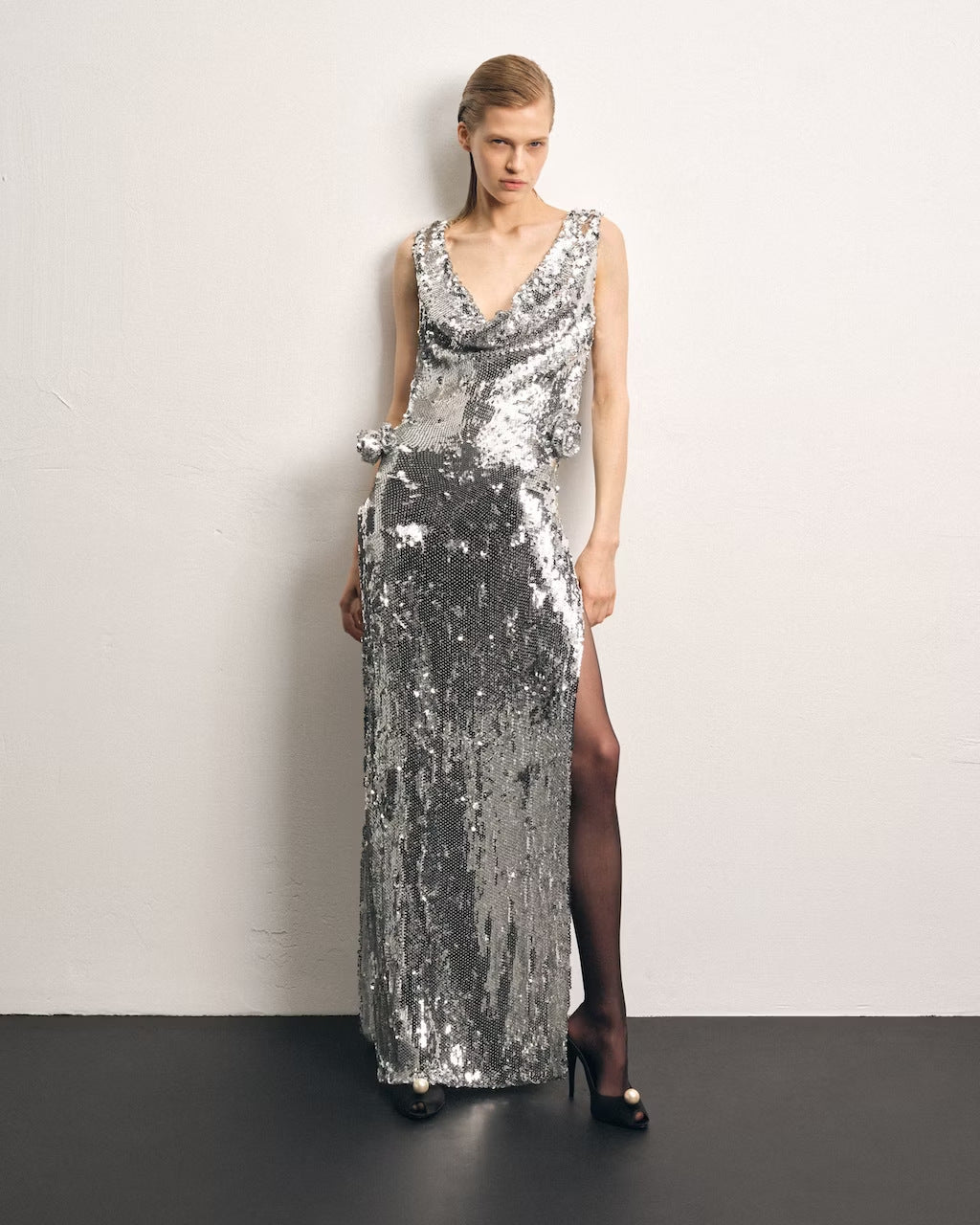 Women's Evening Maxi Sequin Lace Three Dimensional Floral Dress