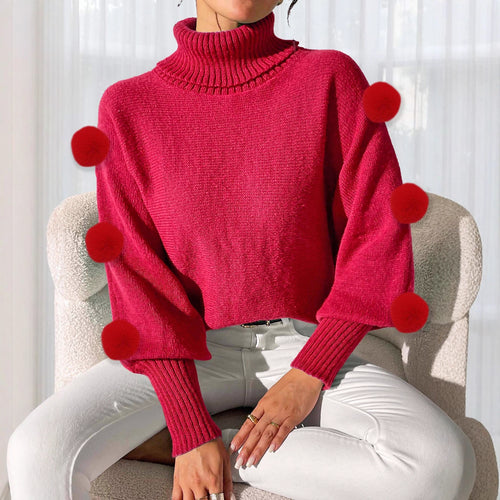 Red knit turtleneck pullover with ribbed cuffs and hem, batwing sleeves, pom pom trim