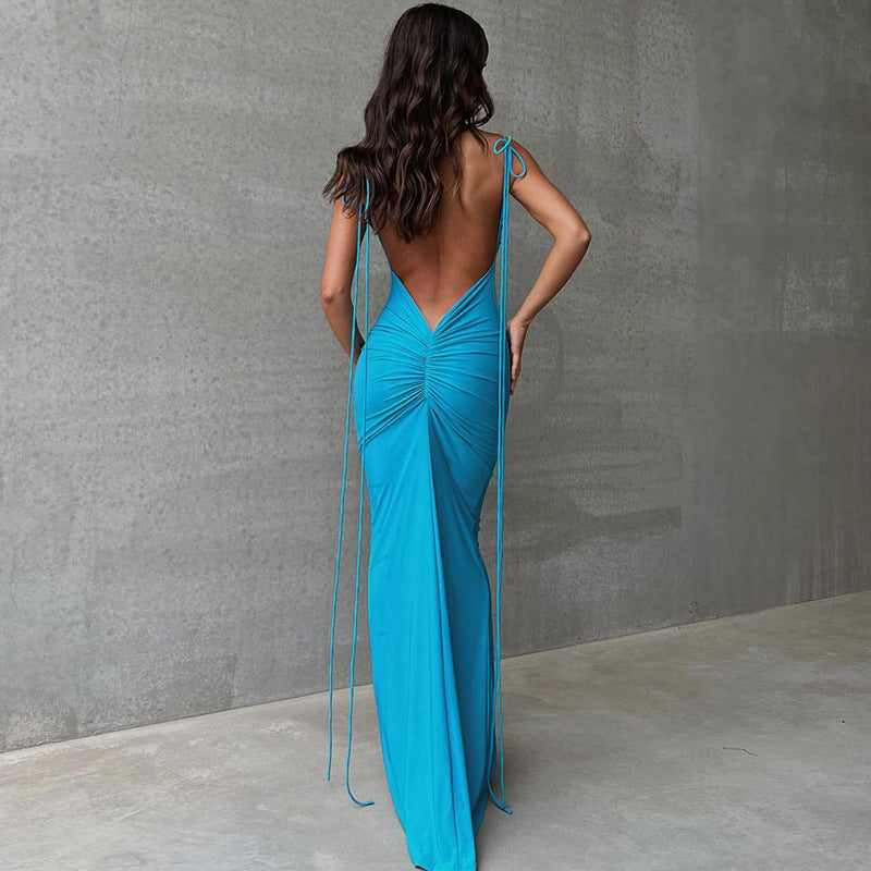 Solid Color Backless Pleated Long Elegant Slim Strap Dress For