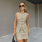 Linen Vest Skirt Outfit Summer Button Vest Short Skirt Two Piece Sets Women