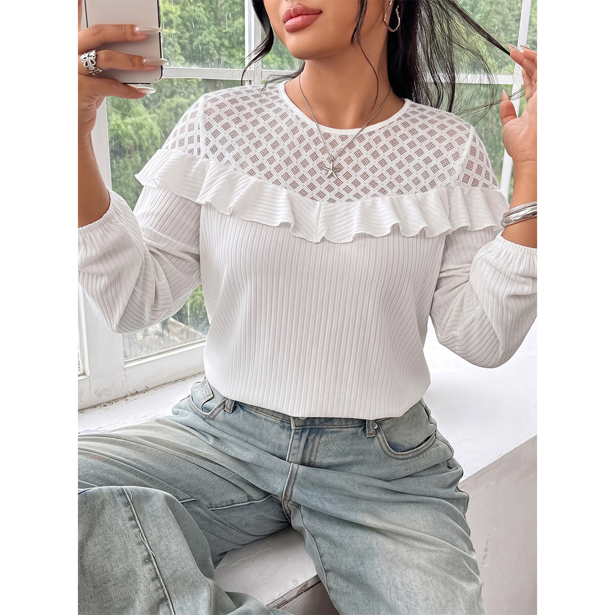 Women's Ruffled Knit Crew-Neck Top