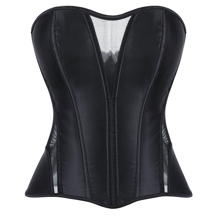 Women's Satin Boned Corset Top – Lace-Up Mesh Bodice