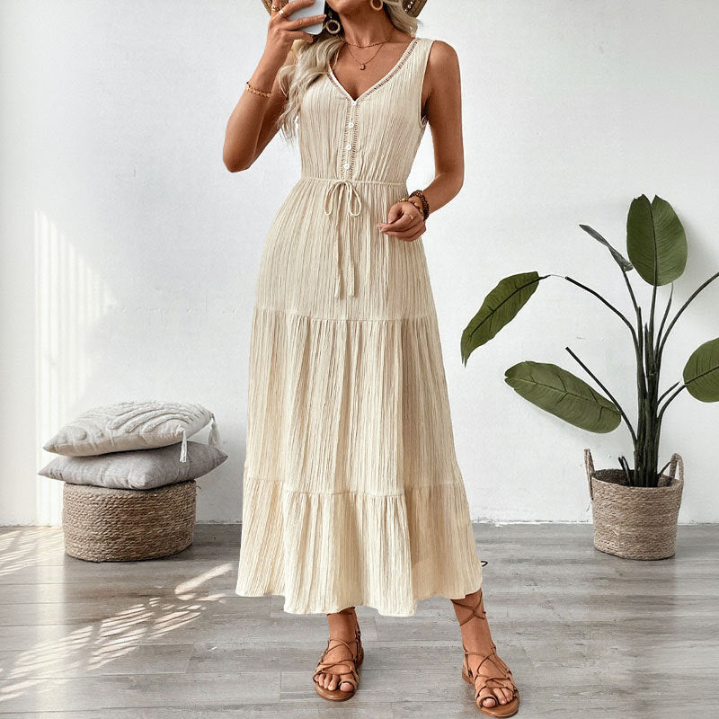 V-Neck Strappy Solid-Color Dress