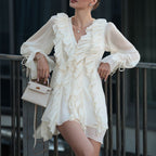 Ruffled V-Neck Long Sleeve A-Line Mini Dress