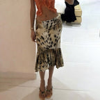 Women's Retro Sexy Leopard Print Skirt Low Waist Hip Wrapped Fishtail Midi Skirt Women