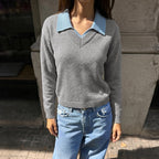 Contrast-Color Polo-Collar Knit Sweater