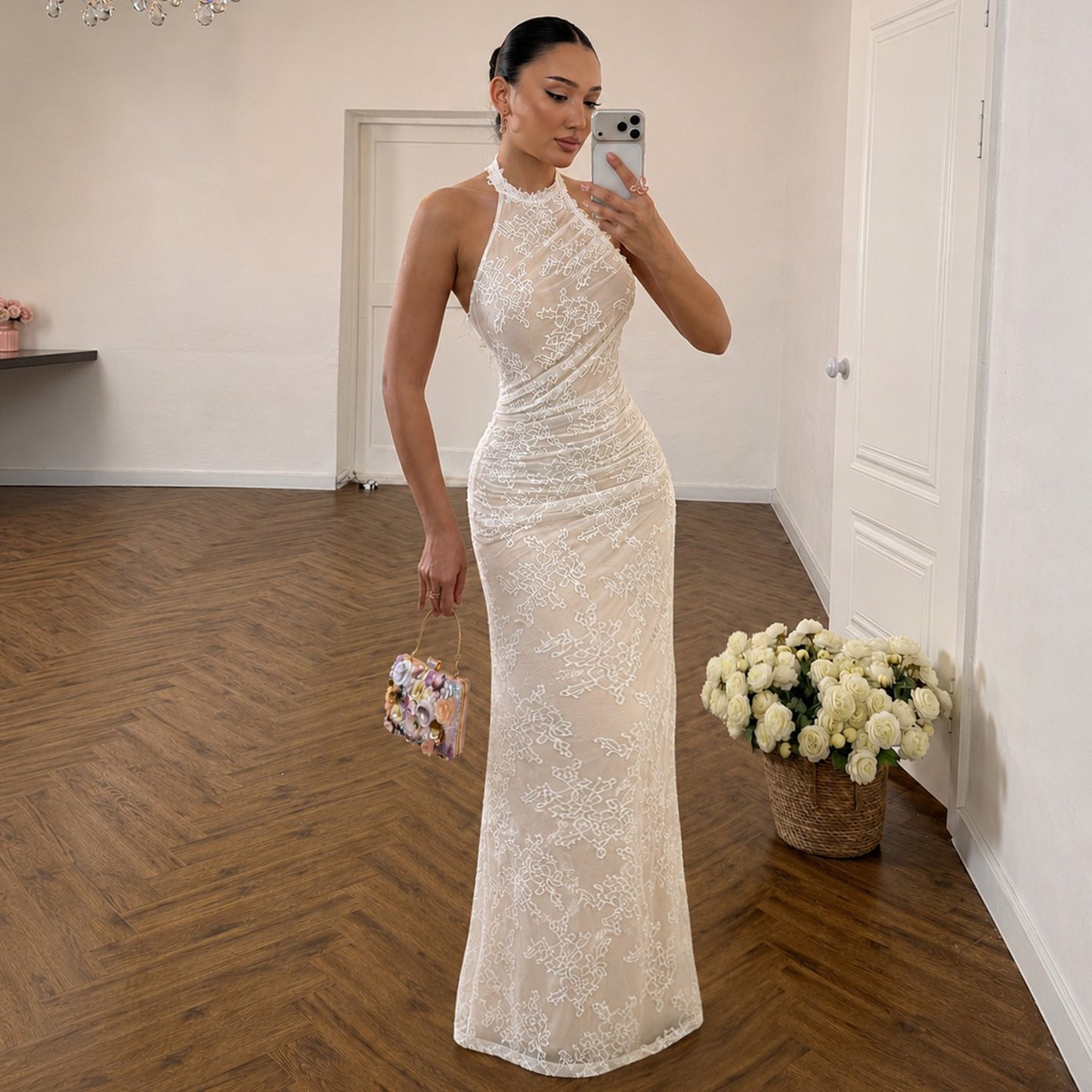 Women's Lace-Trim Halter Backless Maxi Dress