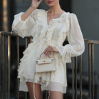 Ruffled V-Neck Long Sleeve A-Line Mini Dress
