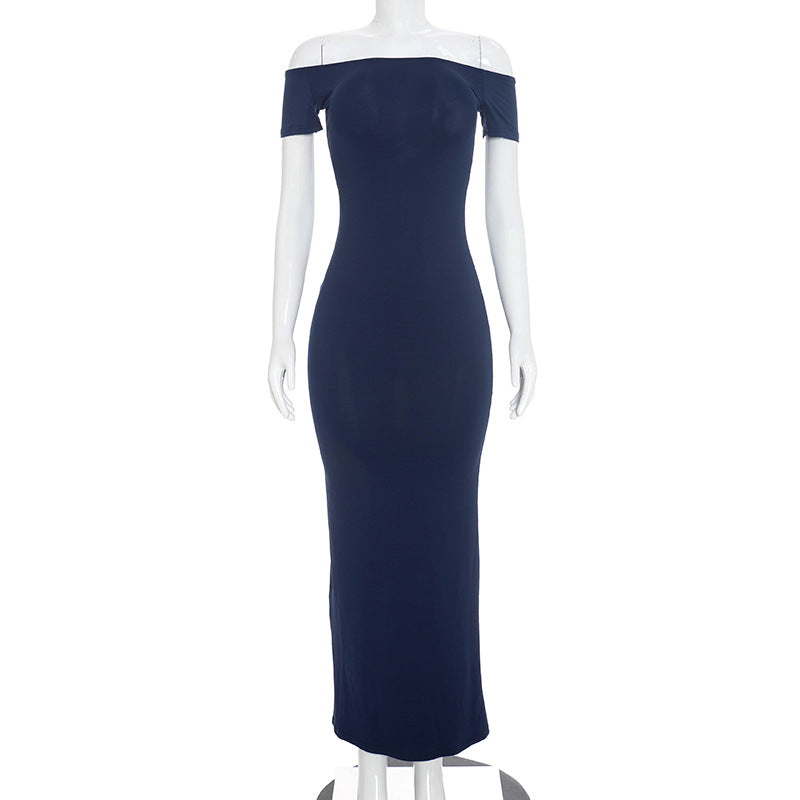 Off-shoulder fitted maxi wrap dress in navy on mannequin
