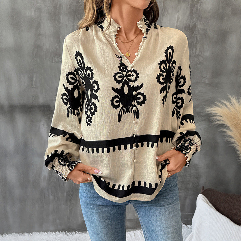 Women’s Apricot Retro Print Ruched Button Cardigan