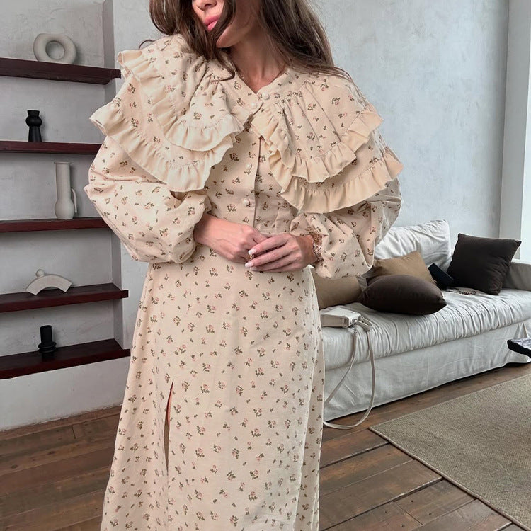 French Design Ruffled Waist Seal Printed V Neck Puff Sleeve