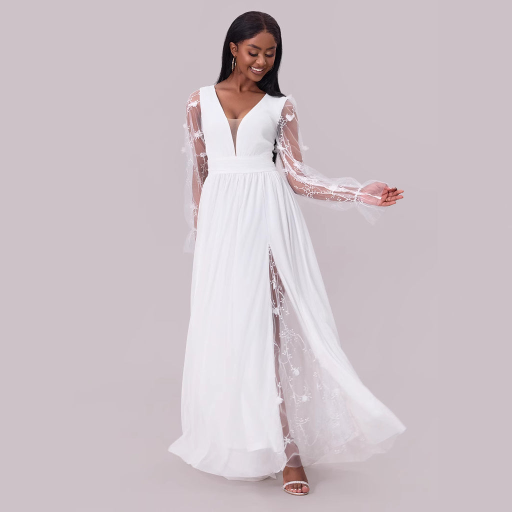 Deep-Collar Long-Sleeve Wedding Dress