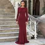 Women's Crew-Neck Backless Cutout Long-Sleeve Maxi Dress