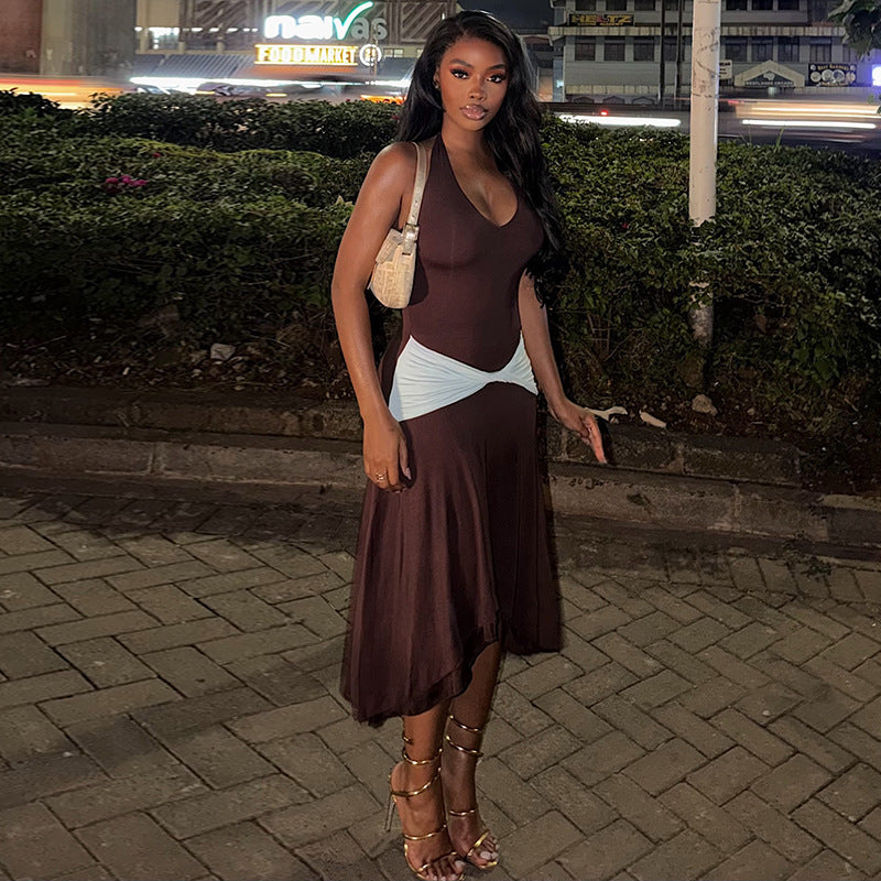Women's Color-Block Halter Maxi Dress