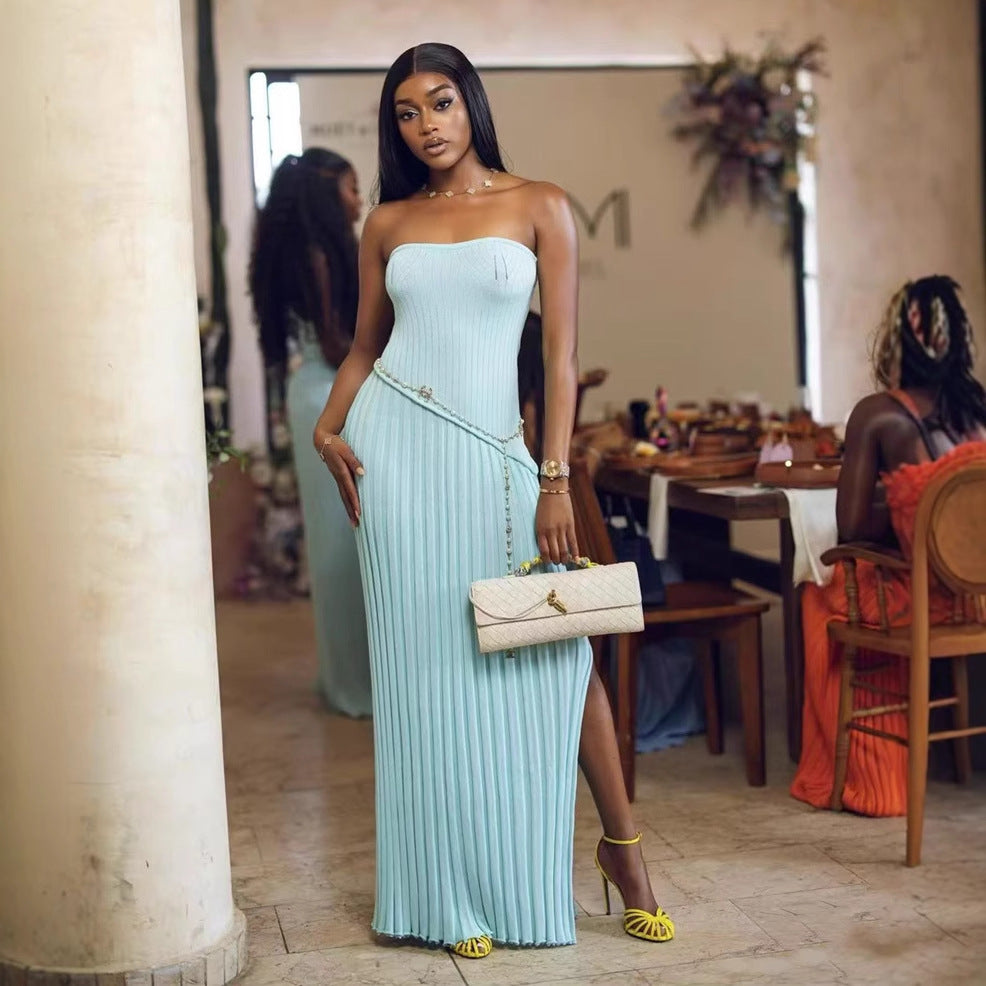 Strapless Asymmetric Split Knit Bodycon Maxi Dress