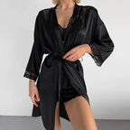 Autumn White Satin Stitching Lace Nightgown Cardigan Lace up Long Sleeve Shorts Women Homewear