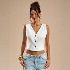 Sexy V neck SL Top Women Back Cross Button Waist Slimming