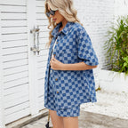 Women's Summer Thin Washed Casual Loose Denim Plaid Shirt Short Sleeve