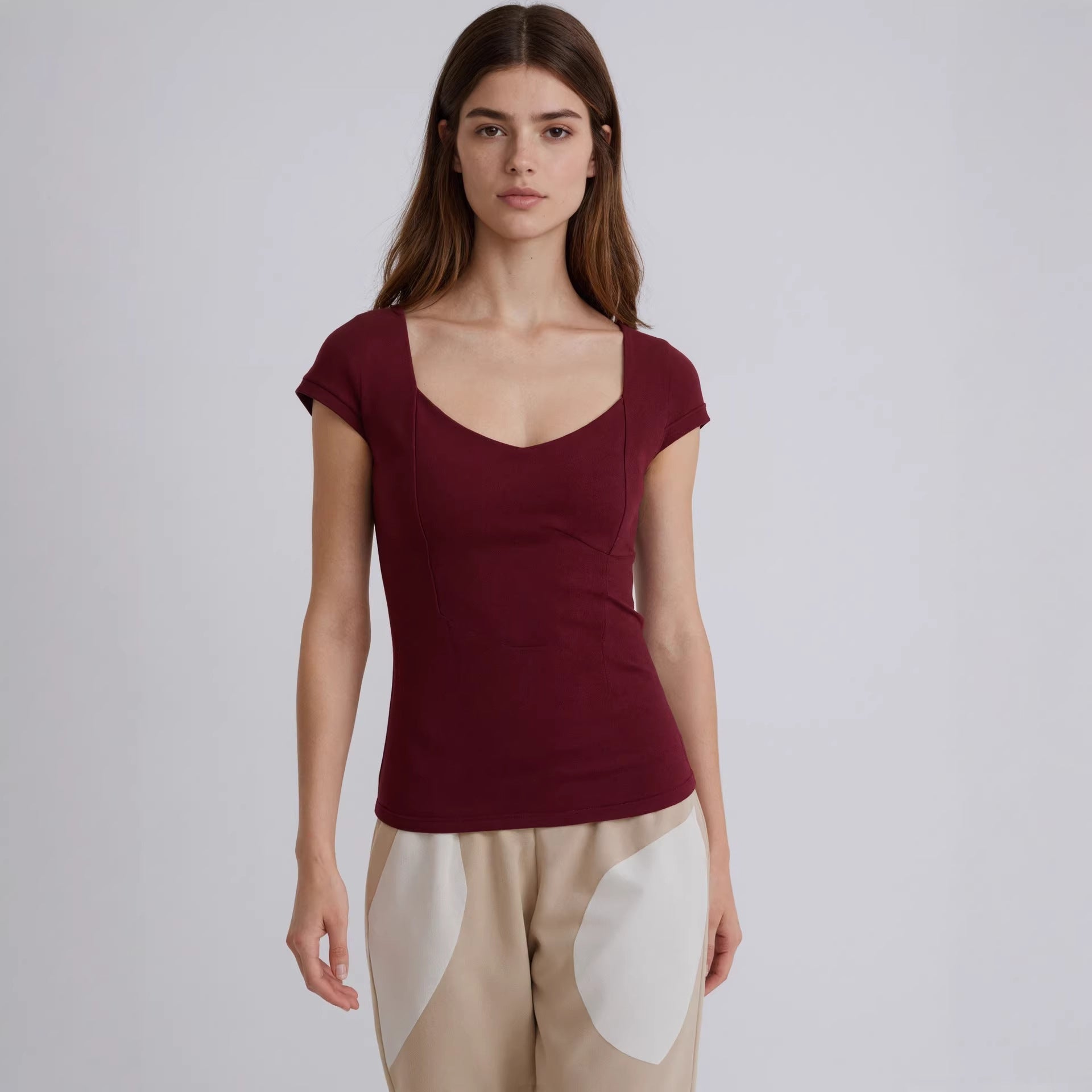 Women Heart Shaped Collar Short Sleeved Shirt Women Solid Color Bottoming Shirt Slim High Elastic Tight T shirt