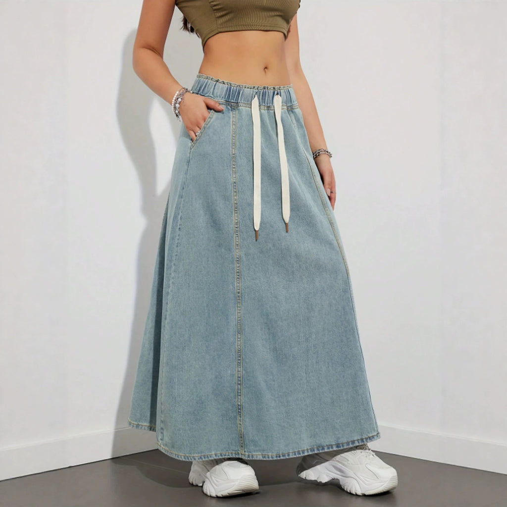 High-Waist Drawstring Denim Maxi Skirt