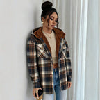 Women's Retro Plaid Hooded Warm Thickened Women Overcoat Shoulder Woolen Coat