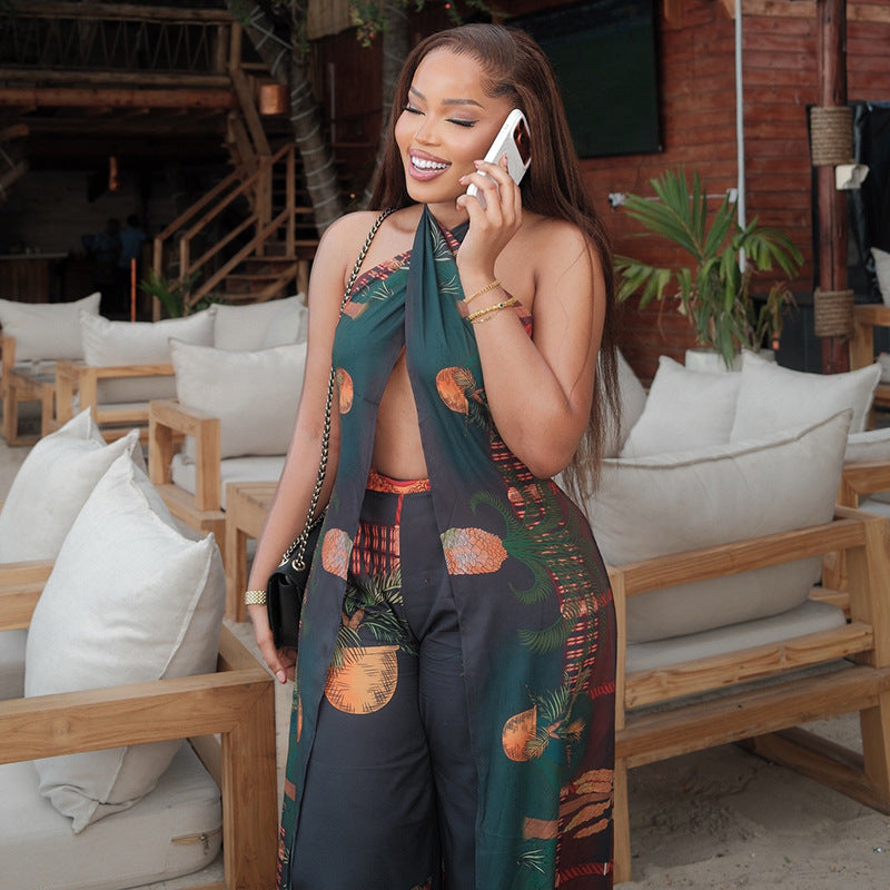 Women's Printed Halter Top & Wide-Leg Pants Set