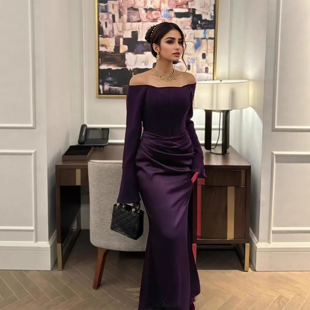 Off-Shoulder Satin Three-Quarter-Sleeve Bodycon Maxi Dress