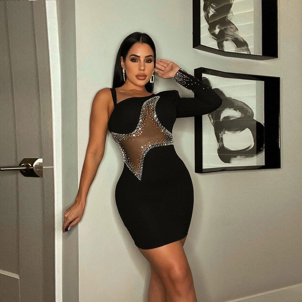 Women's Mesh Rhinestone Long-Sleeve Bodycon Mini Dress