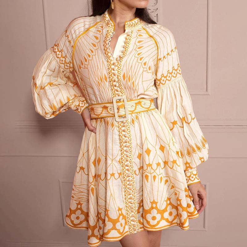 Women's Women's's French Elegant Spring Stand Collar Lantern Sleeve Lace Up Waist Dress
