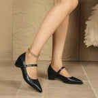 Pointed Toe Mary Jane Shoes Genuine Leather Chunky Heel Shoes Shallow