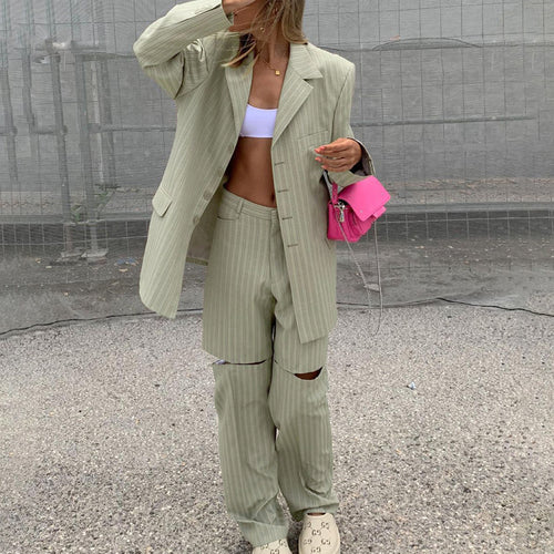 Striped Loose Women Spring Autumn Casual Jacket Trousers Two Piece Set