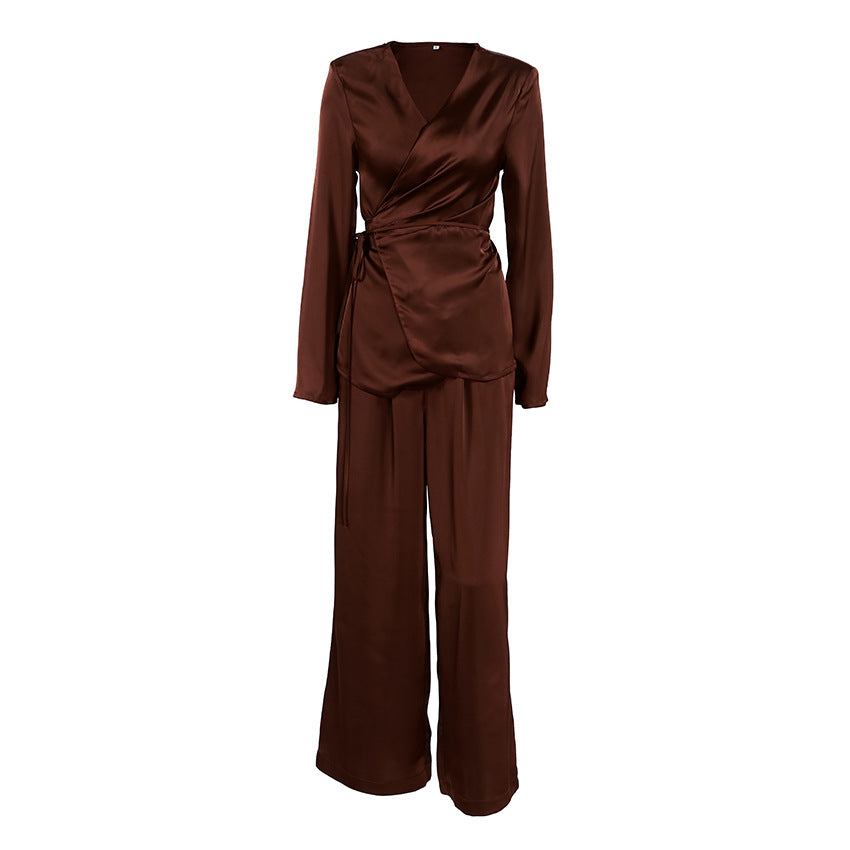 Spring Women Retro Brown Long Sleeve Waist Controlled Lace up Top Trousers Two Piece Set