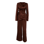 Spring Women Retro Brown Long Sleeve Waist Controlled Lace up Top Trousers Two Piece Set
