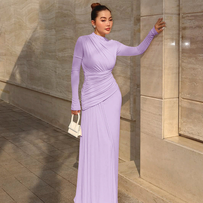 Women's Summer Elegant Slim Pleated Zipper round Neck Long Sleeved Dress
