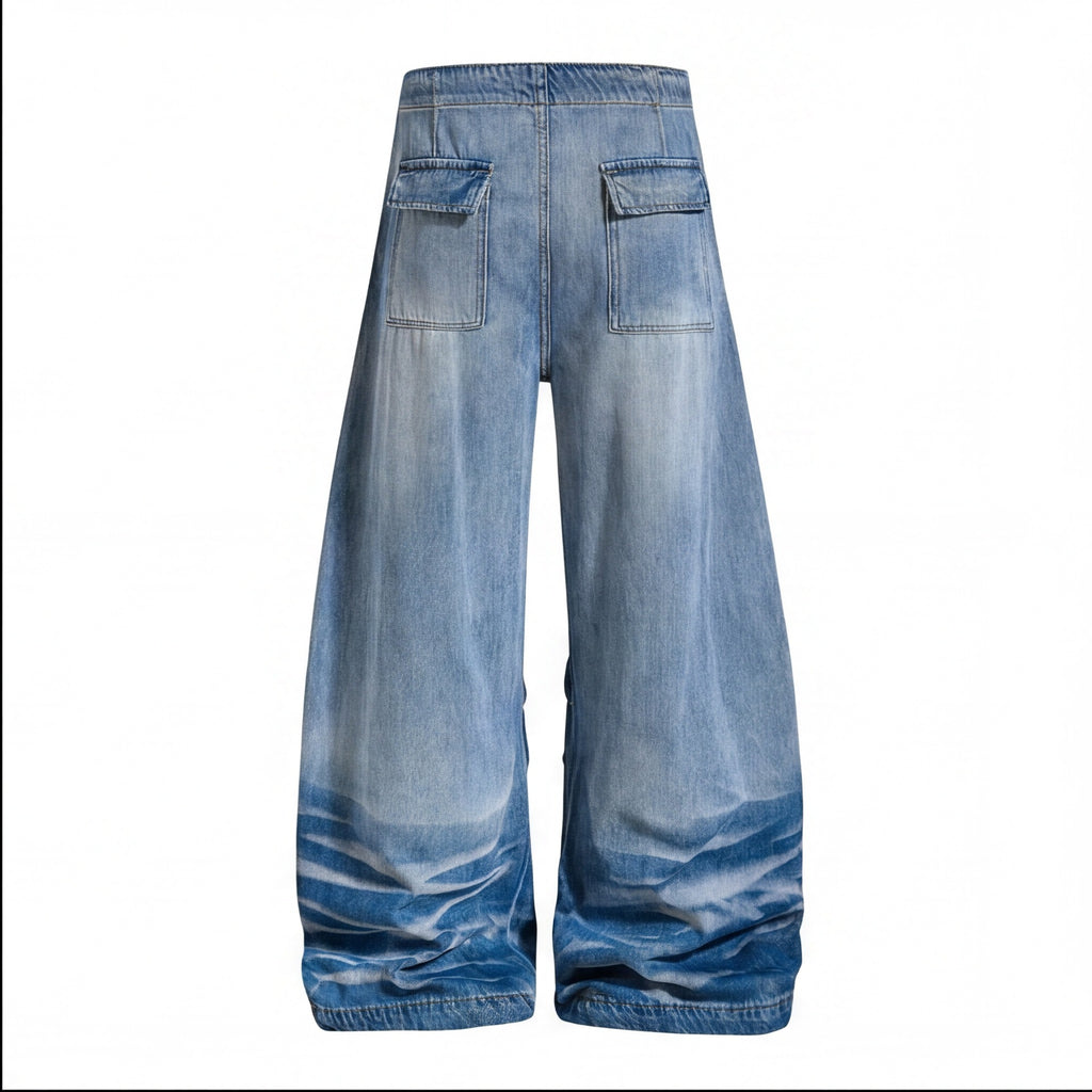 Retro Washed Embroidered Cat Beard Crease Machete Jeans