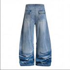Retro Washed Embroidered Cat Beard Crease Machete Jeans