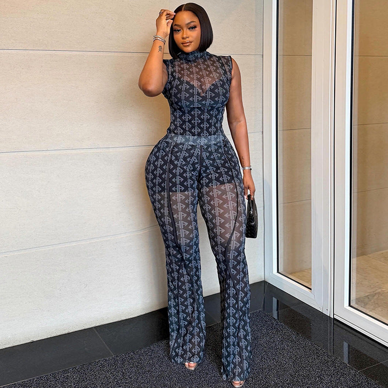 Women Clothing Loose High Collar Decorative Pattern Pant Sleeveless Waist Trimming Casual Trendy Two Piece Sets