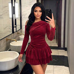 Autumn Winter Velvet Sloping Shoulder Dress Waist Controlled Double