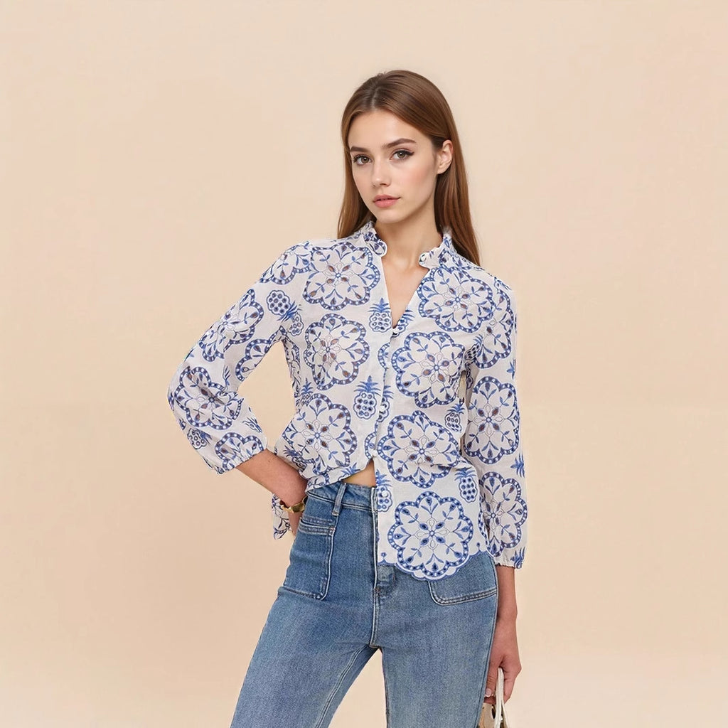 Women Wear Blue White Pattern Stand Collar Button Top Nine Quarter Sleeve Casual Shirt
