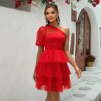 One-Shoulder Mesh Ruched A-Line Mini Dress