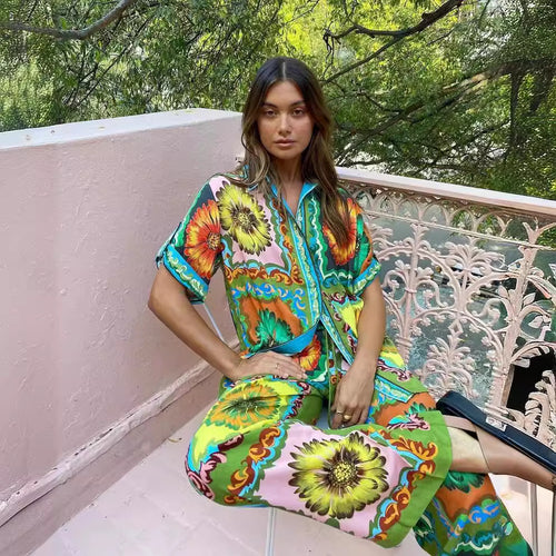 Personalized Printed Short Sleeve Vacation Casual Loose Two Piece Set